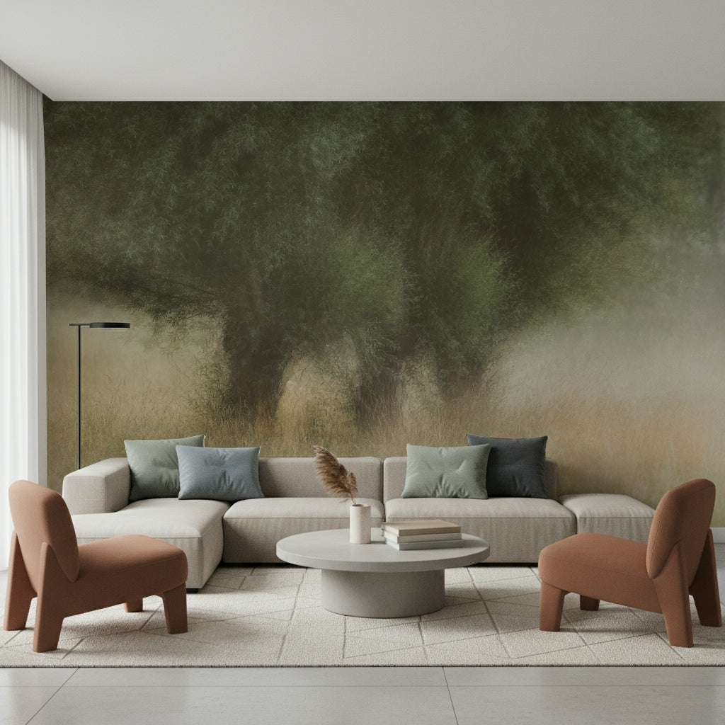 A contemplative misty forest wallpaper mural for a feature wall.