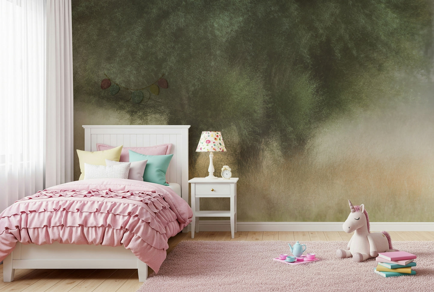 A peaceful woodland vista mural on decorative wallpaper.