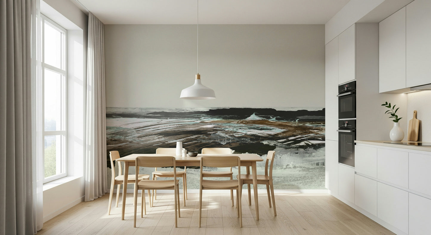A peaceful modern abstract mural on decorative wallpaper.