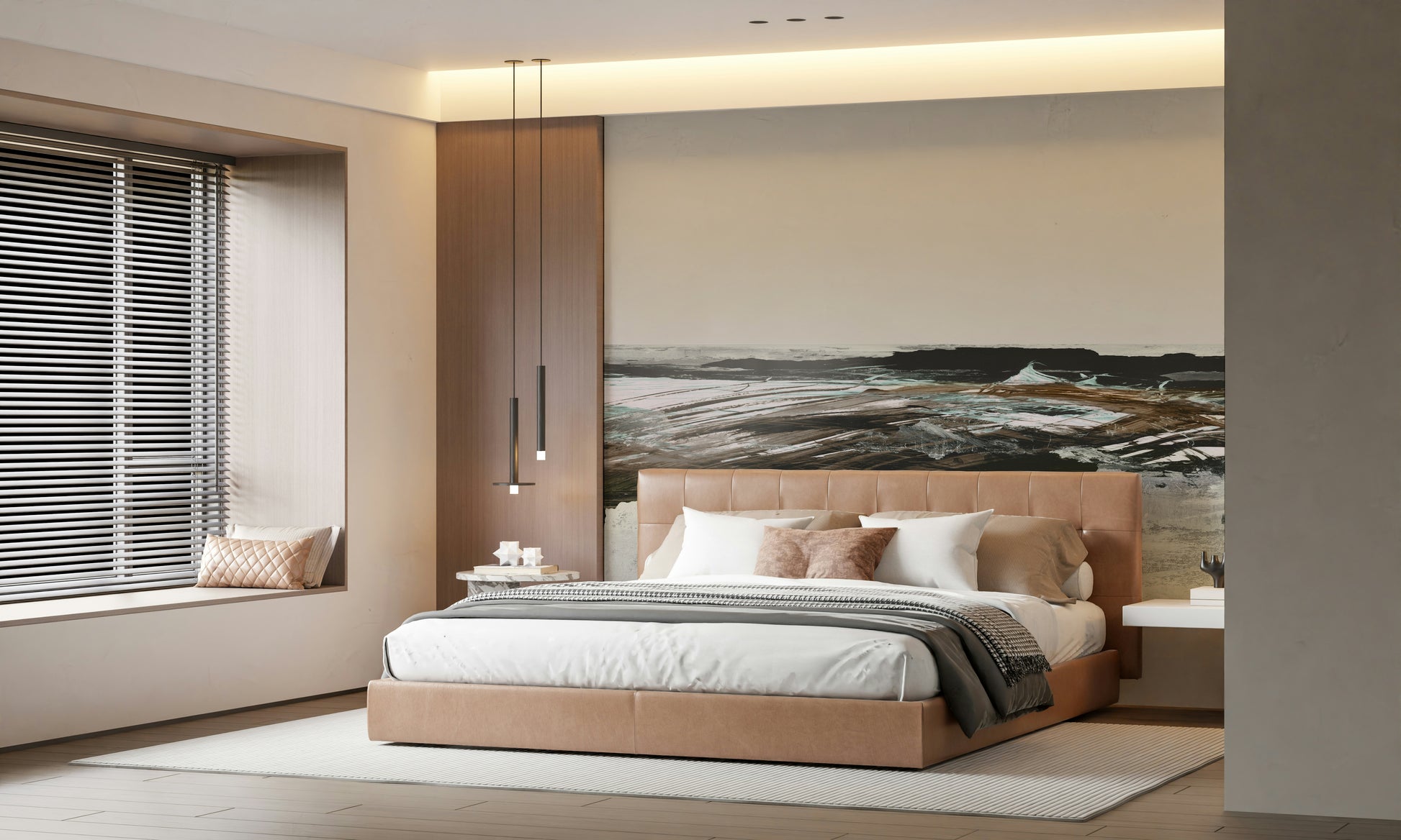 A beautiful abstract coastal wallpaper mural with fluid brushstrokes.