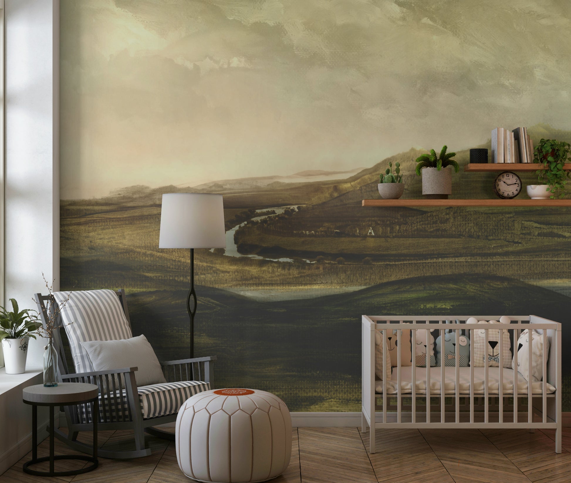 A graceful subtle pattern wall mural in cool, natural tones.