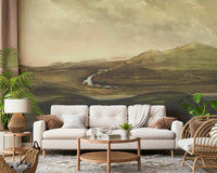 A beautiful painted valley vista wallpaper mural with subtle brushstrokes.