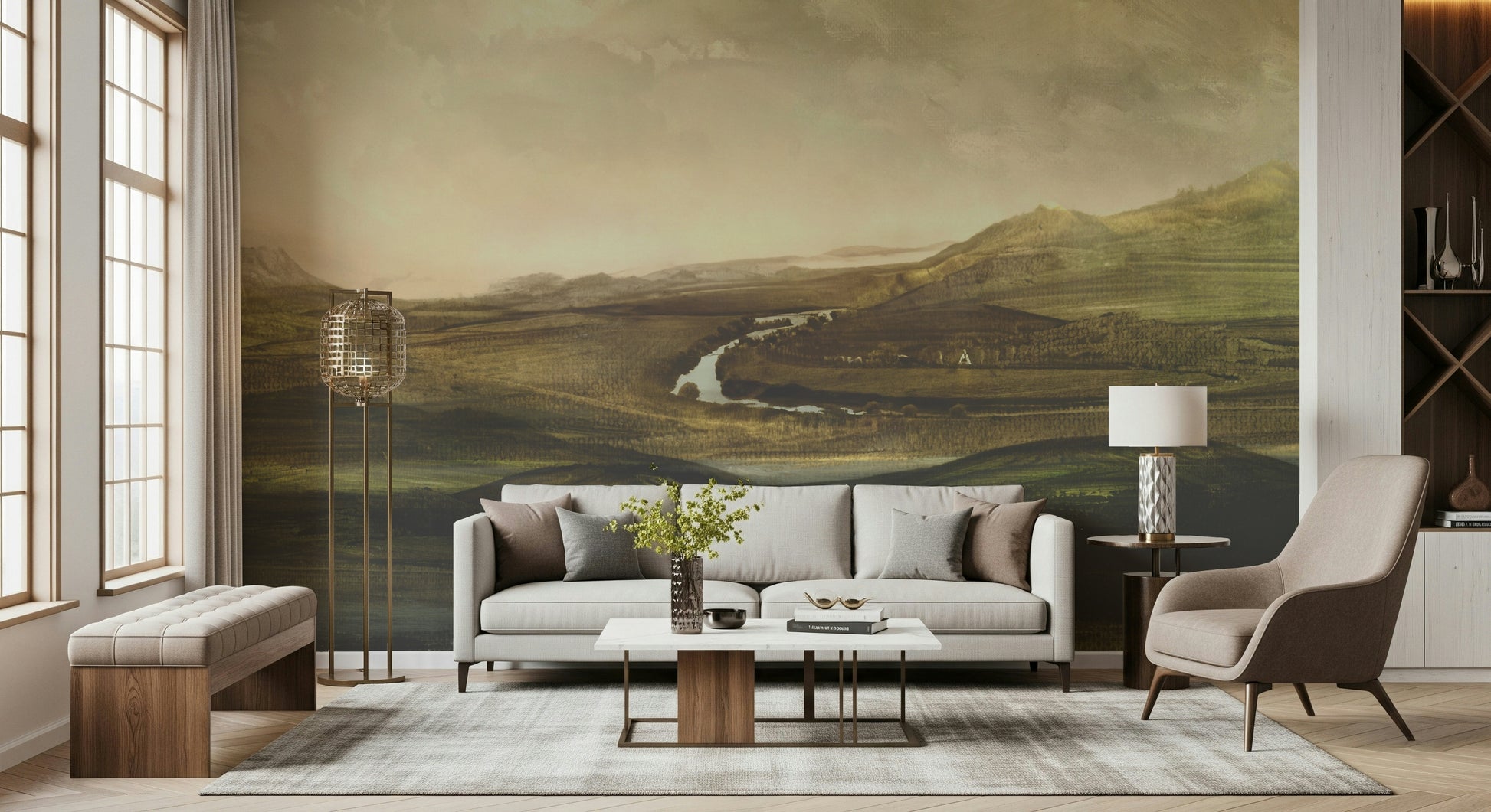 An artistic scenic vista mural on minimalist wallpaper.