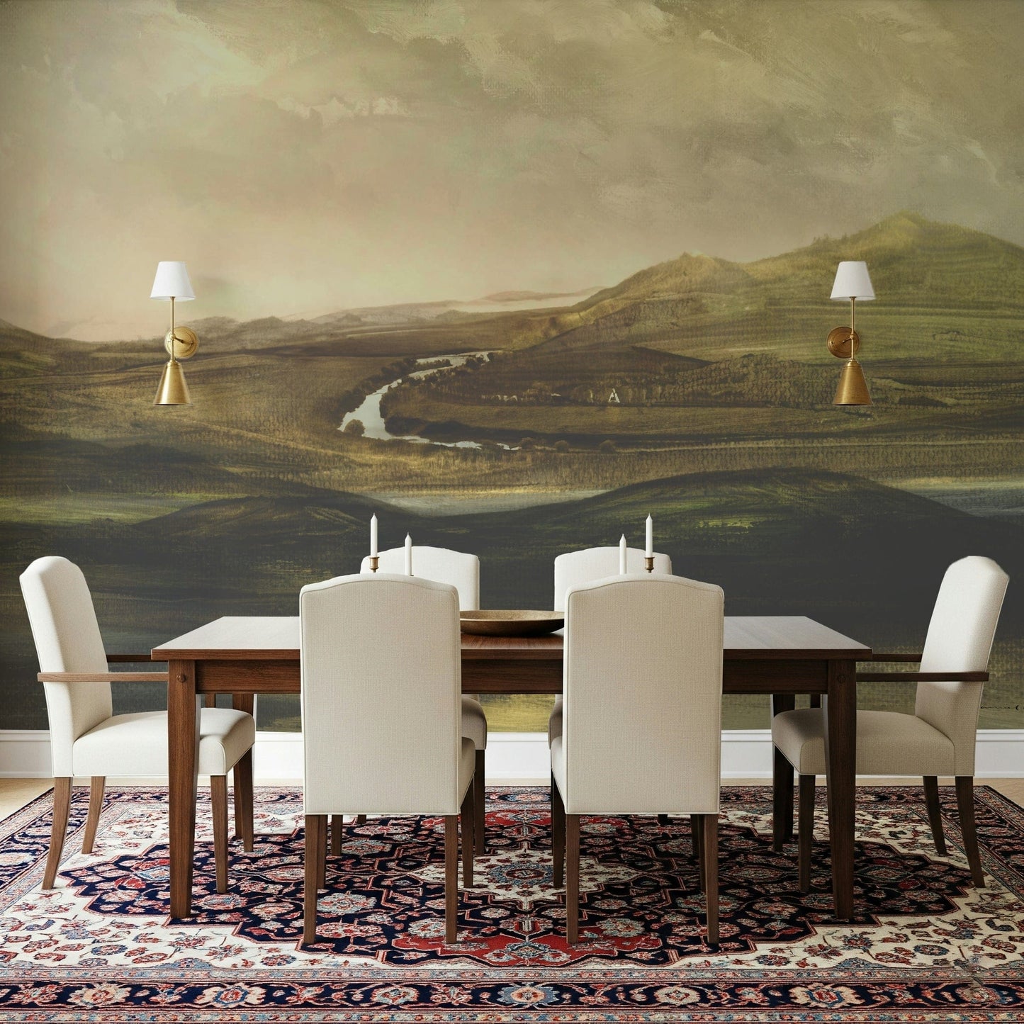 A calming serene mountain wallpaper mural that defines a space.