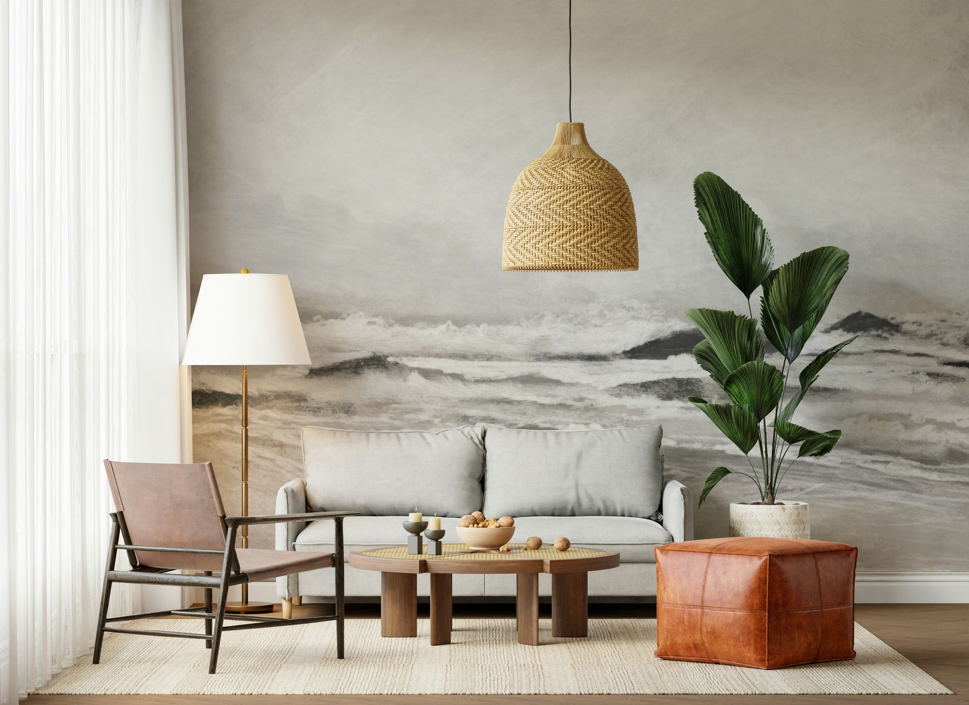 A beautiful misty coast wallpaper mural with subtle, hazy effects.