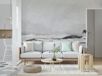 A peaceful modern abstract mural on decorative wallpaper.