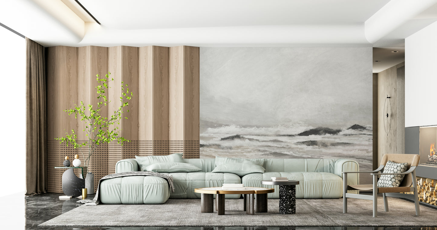 An artistic fluid pattern mural on minimalist wallpaper.