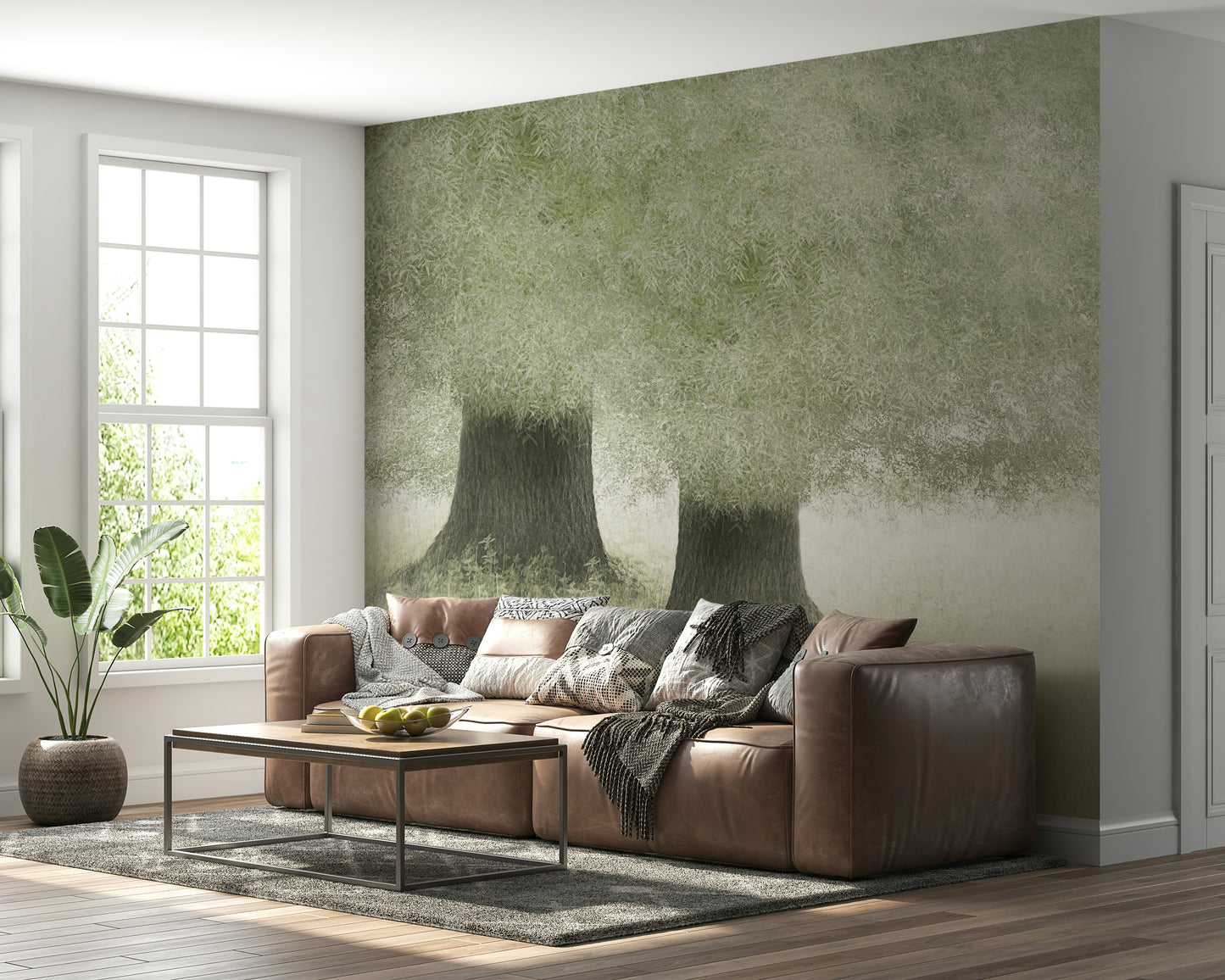A beautiful subtle green wallpaper mural with a flowing, veil-like texture.