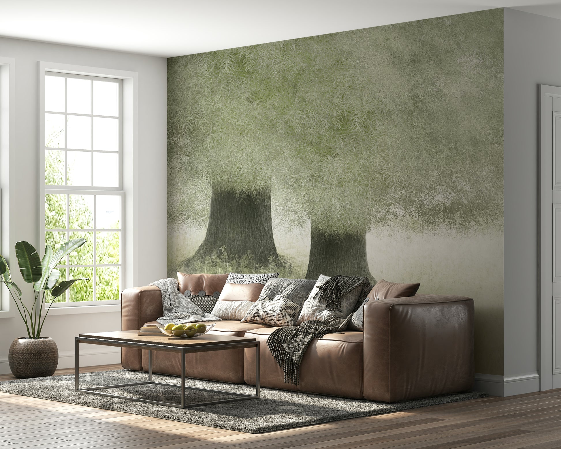 A beautiful subtle green wallpaper mural with a flowing, veil-like texture.