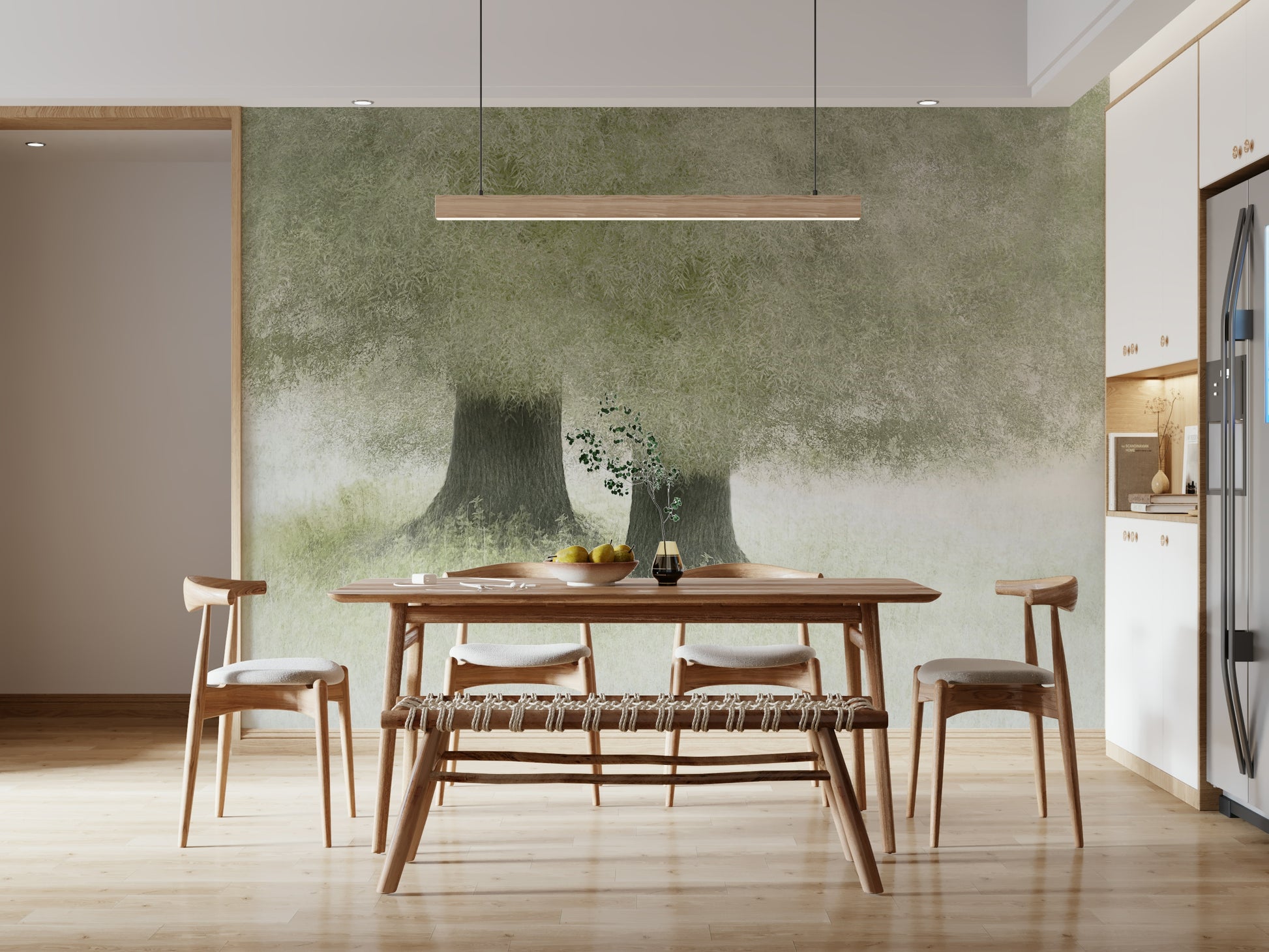 A calming abstract design wallpaper mural that defines a space.
