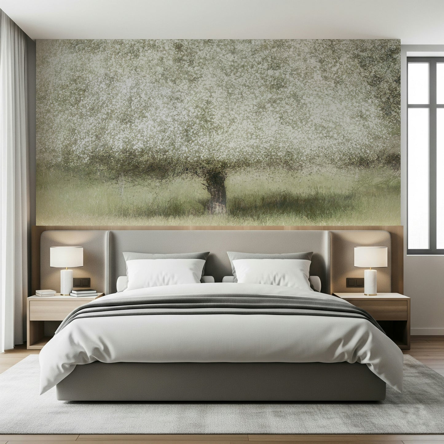 A peaceful flower design mural on decorative wallpaper.