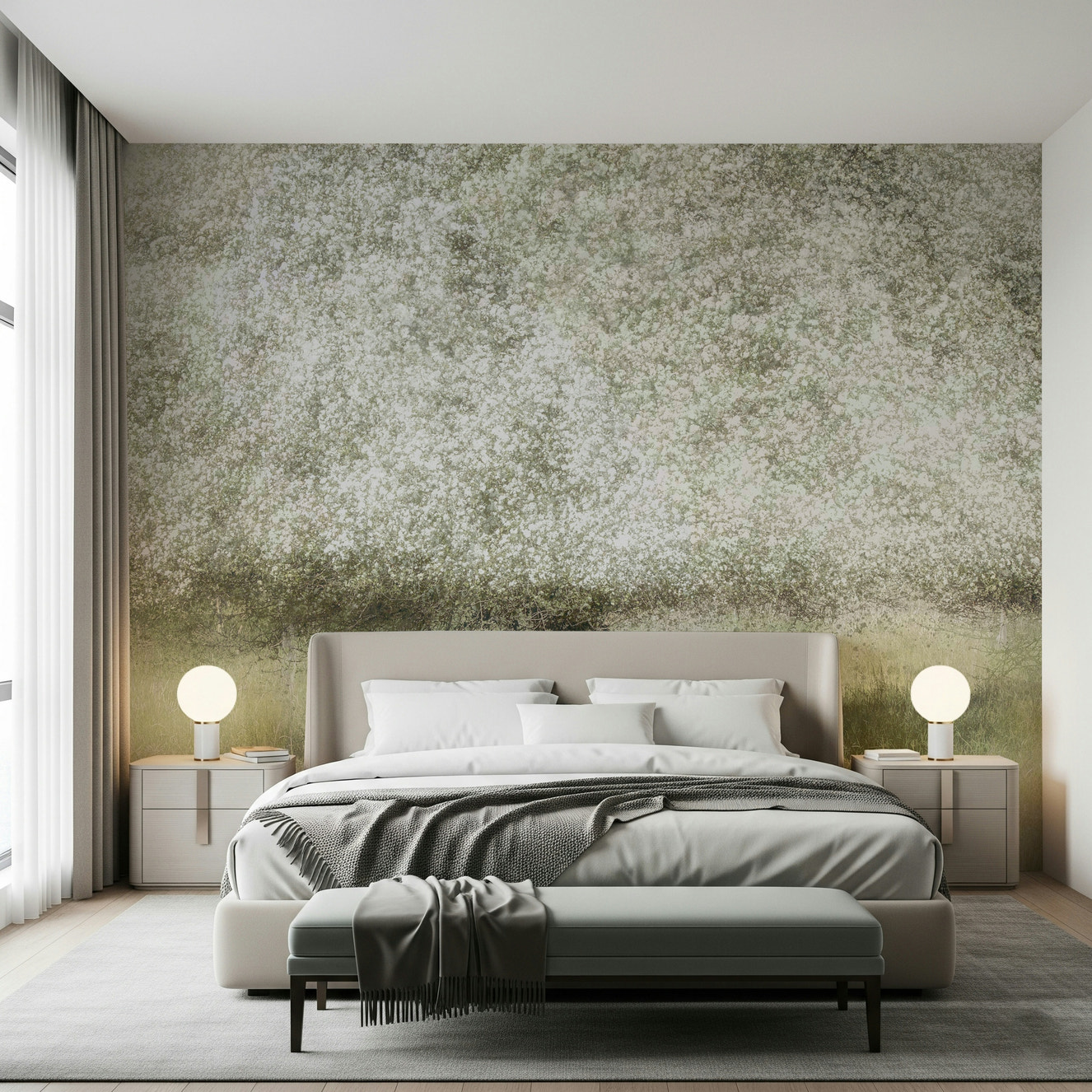 A beautiful subtle floral wallpaper mural with a dreamy, soft-focus effect.