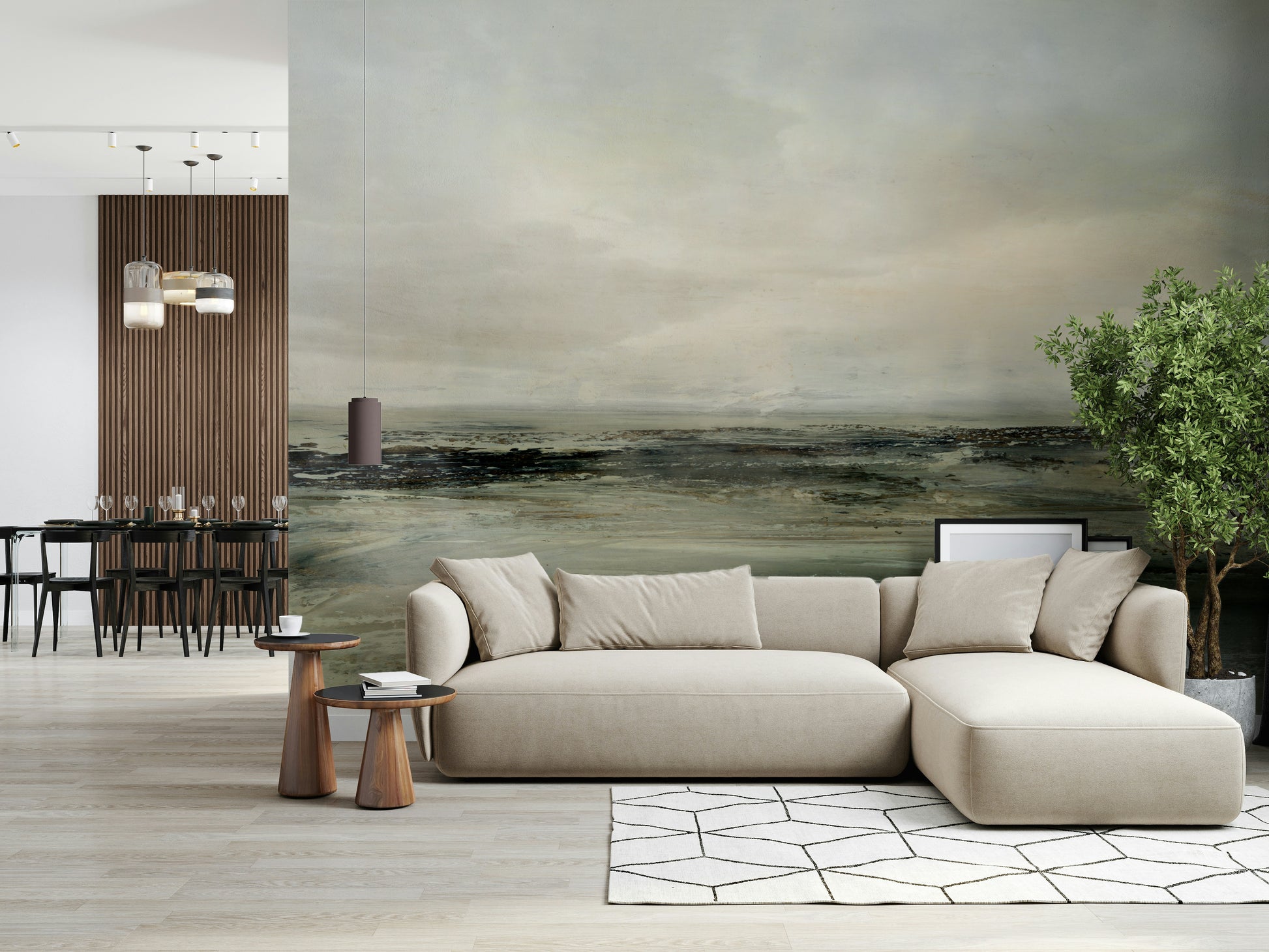 A graceful subtle pattern wall mural in cool, tranquil tones.