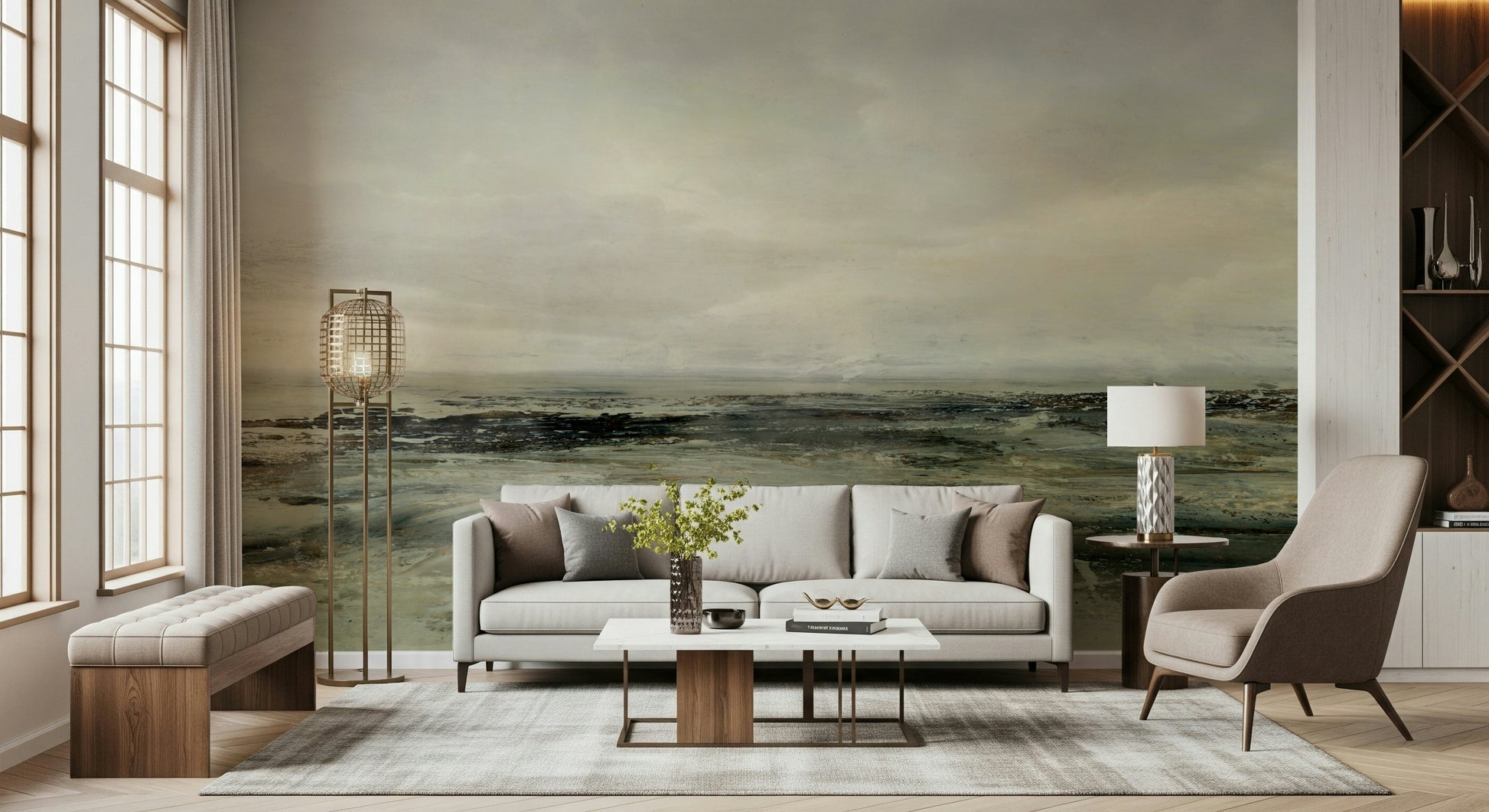 A beautiful abstract ocean wallpaper mural in cool, coastal hues.