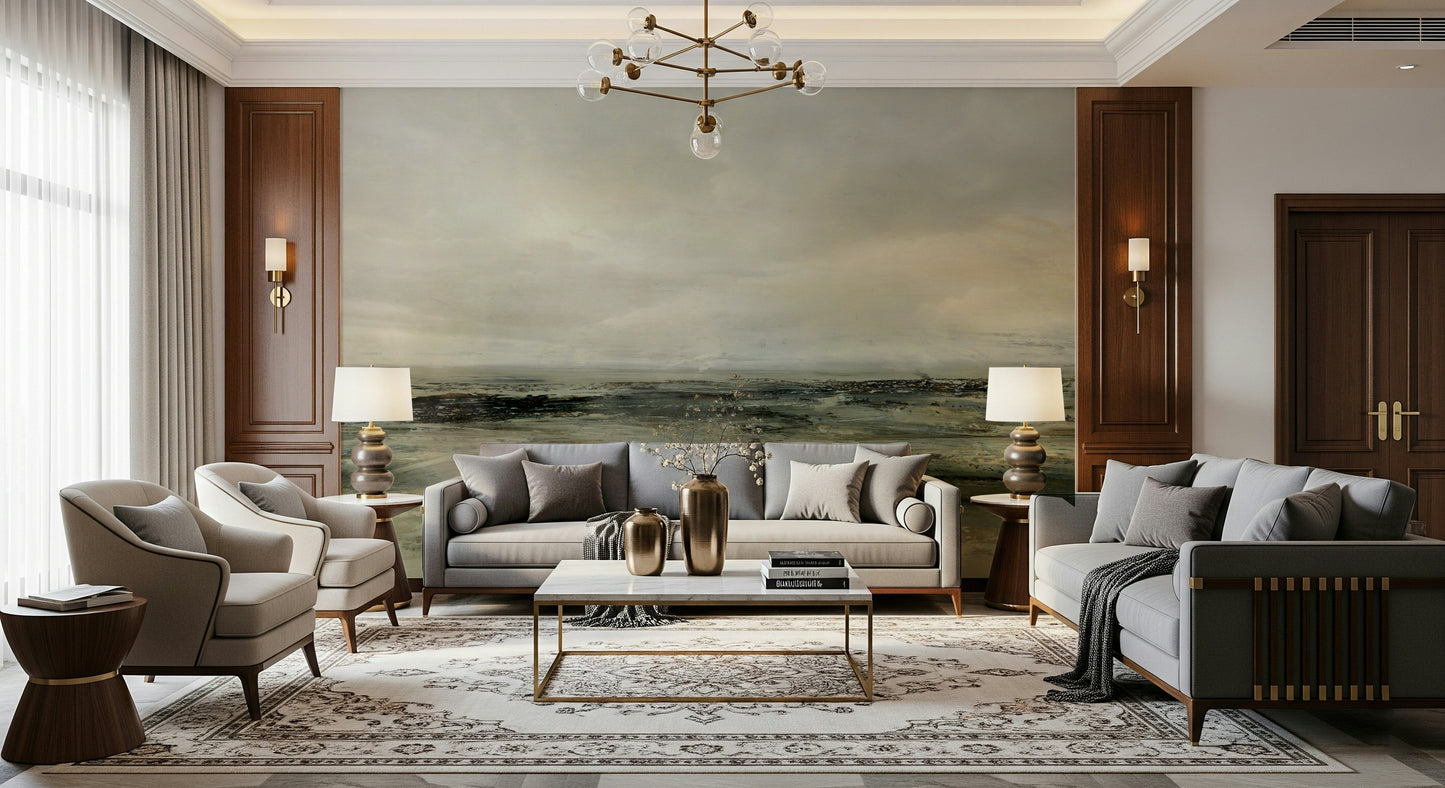 An artistic fluid pattern mural on minimalist wallpaper.