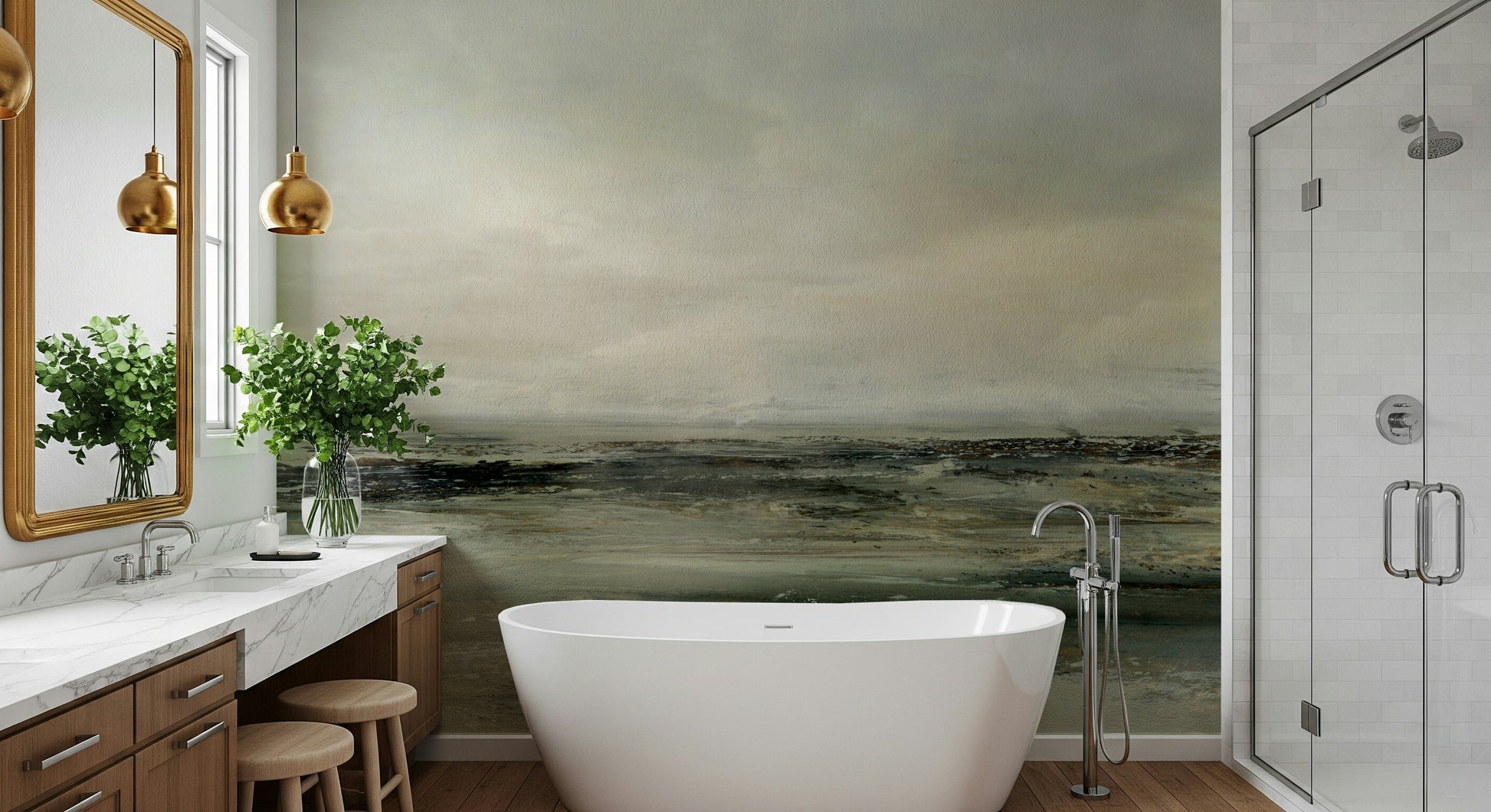 A peaceful modern abstract mural on decorative wallpaper.
