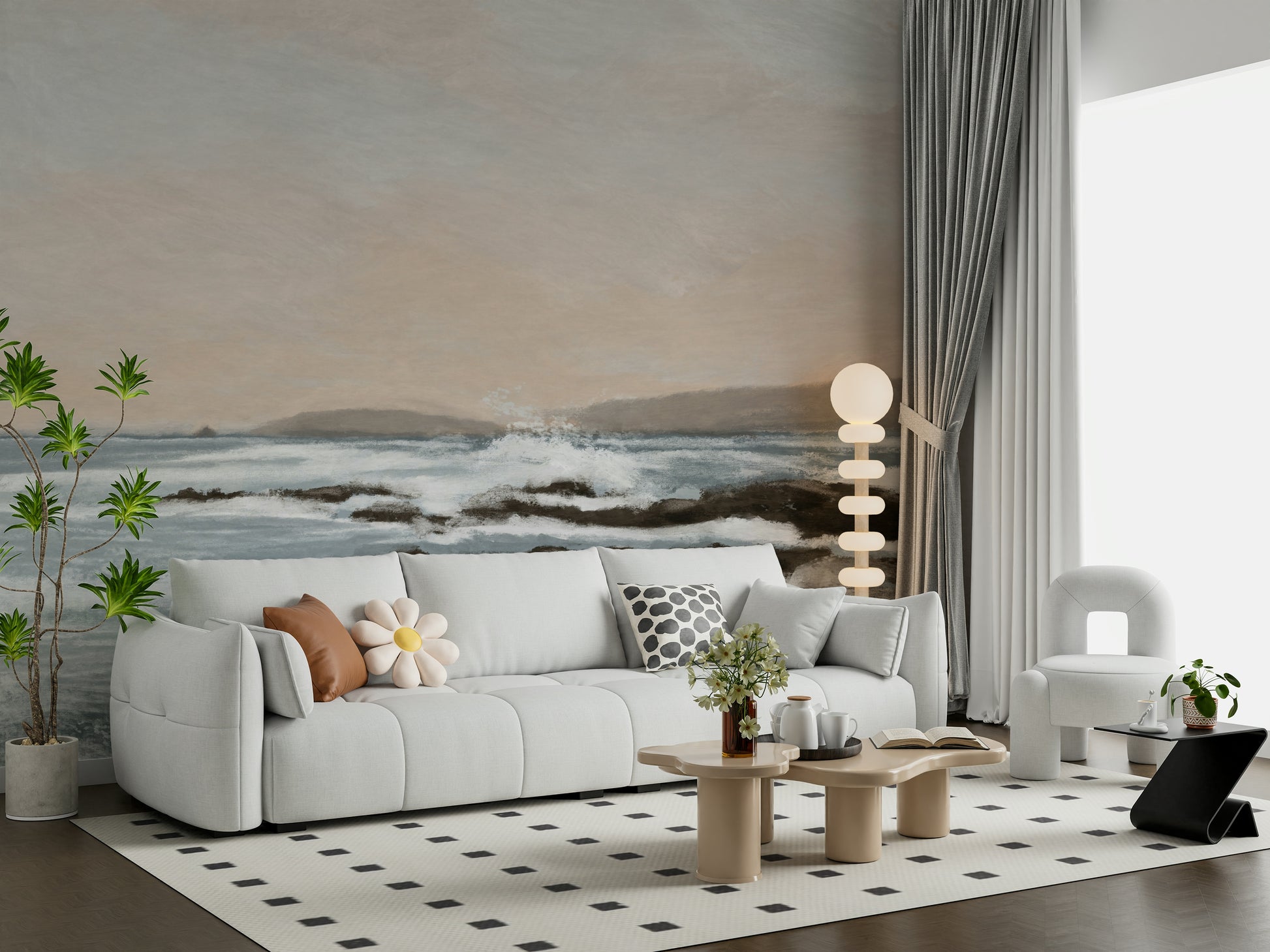 A beautiful abstract coastal wallpaper mural in soothing blue and sand tones.