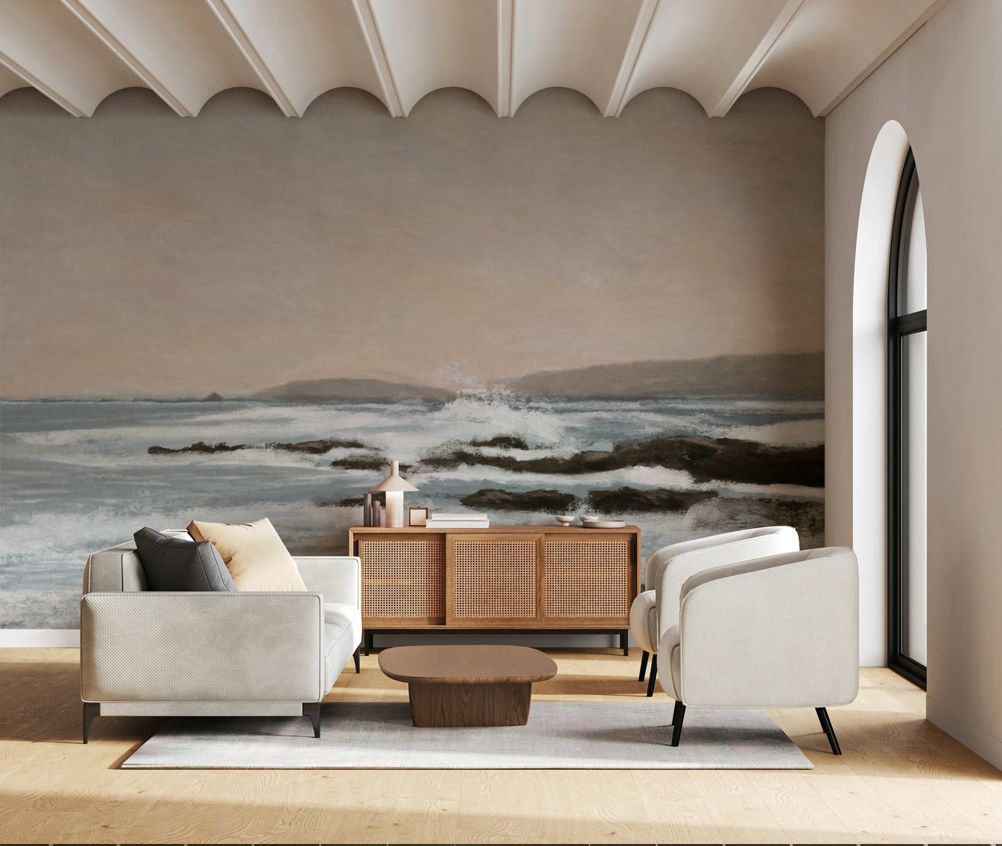 An artistic fluid pattern mural on minimalist wallpaper.