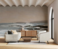 An artistic fluid pattern mural on minimalist wallpaper.