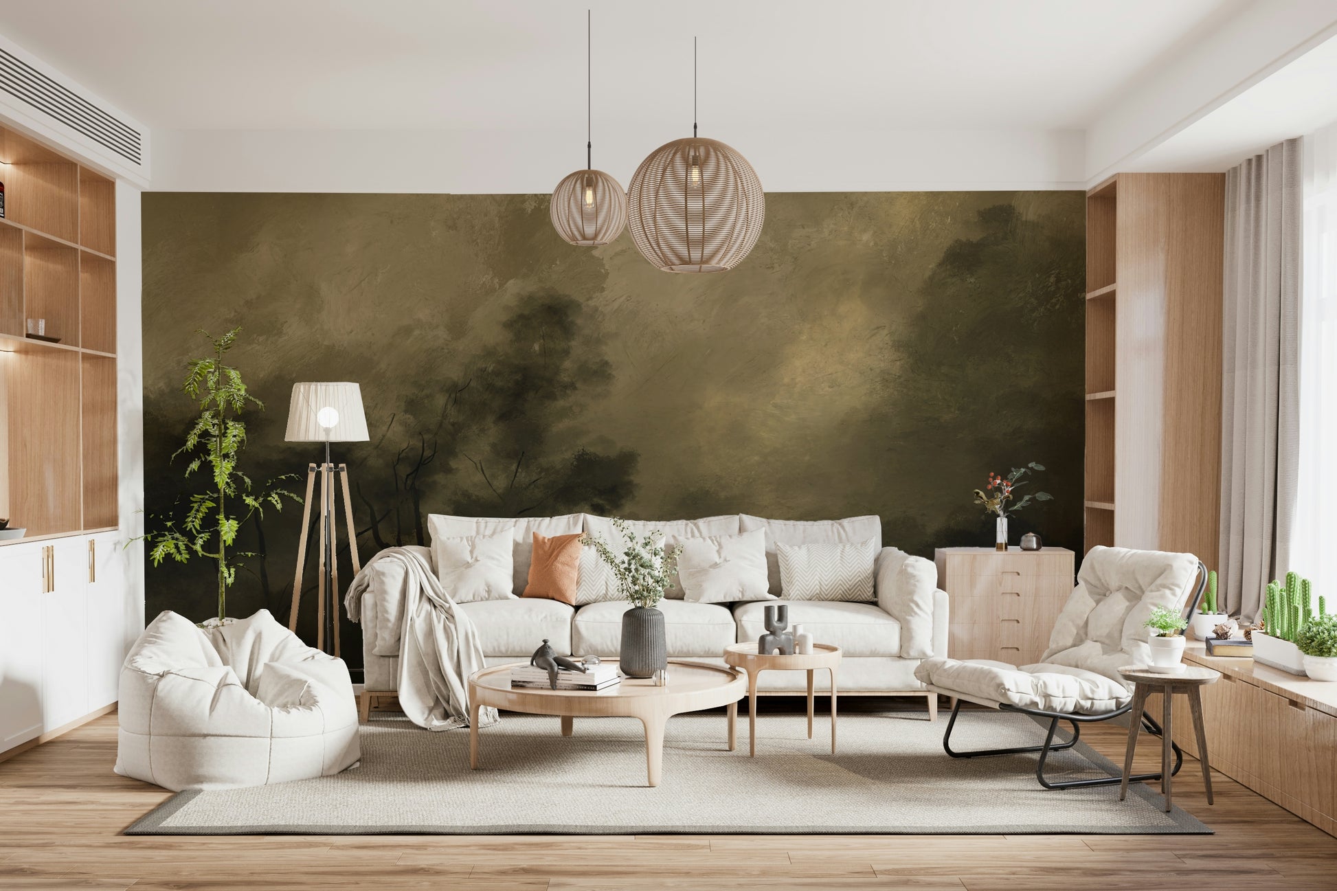 An artistic soft focus mural on minimalist wallpaper.