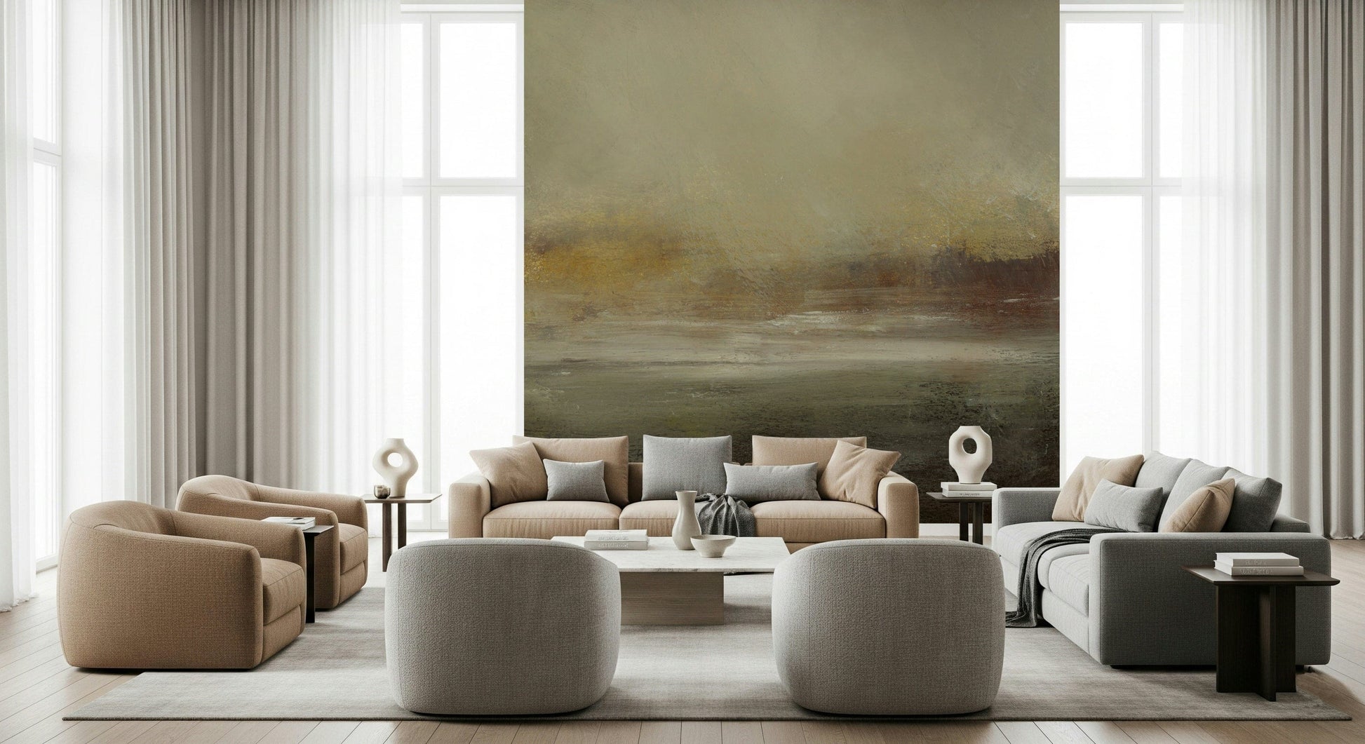 A beautiful abstract horizon wallpaper mural with fluid, layered lines.