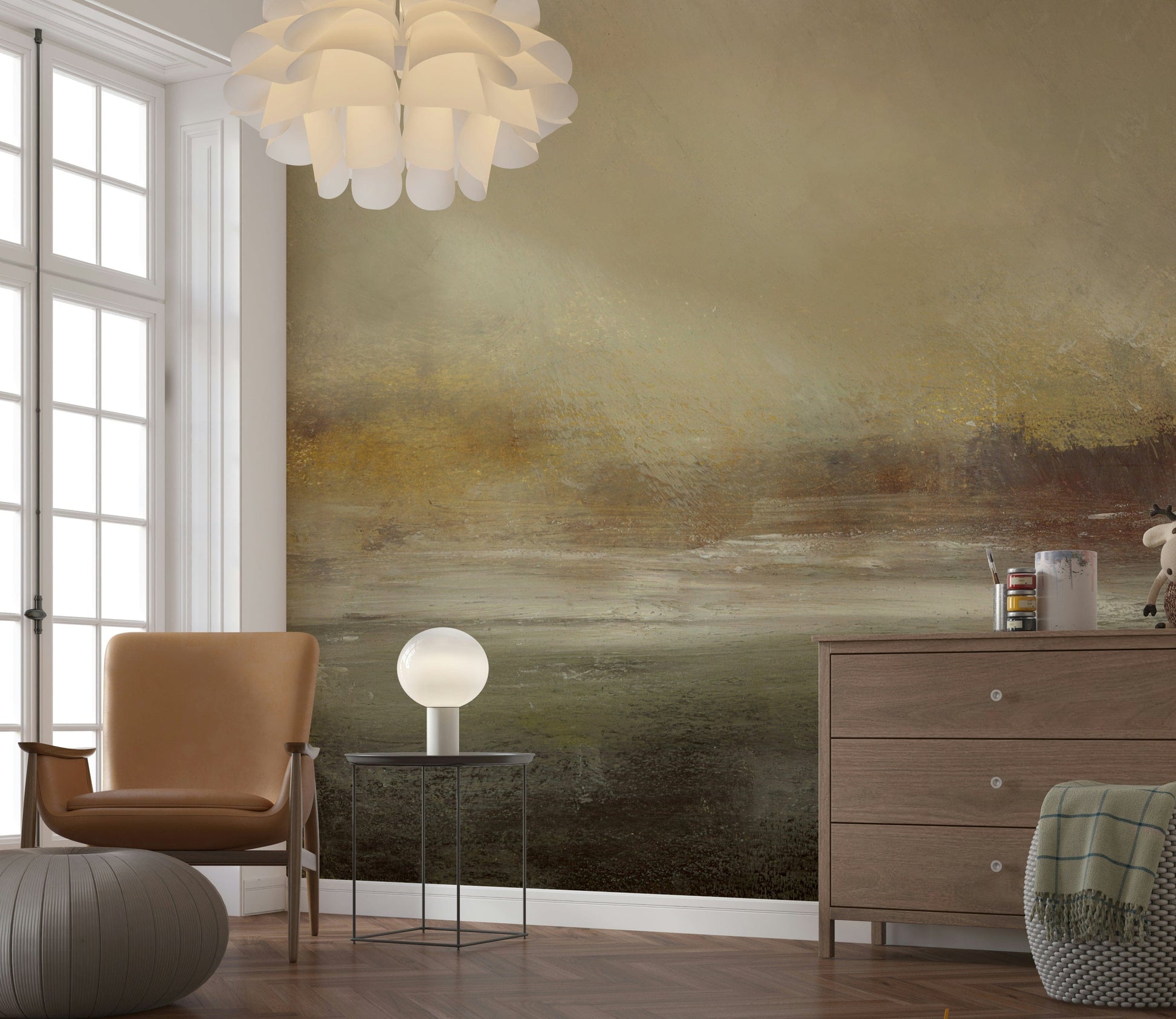 A graceful subtle pattern wall mural in cool, tranquil tones.