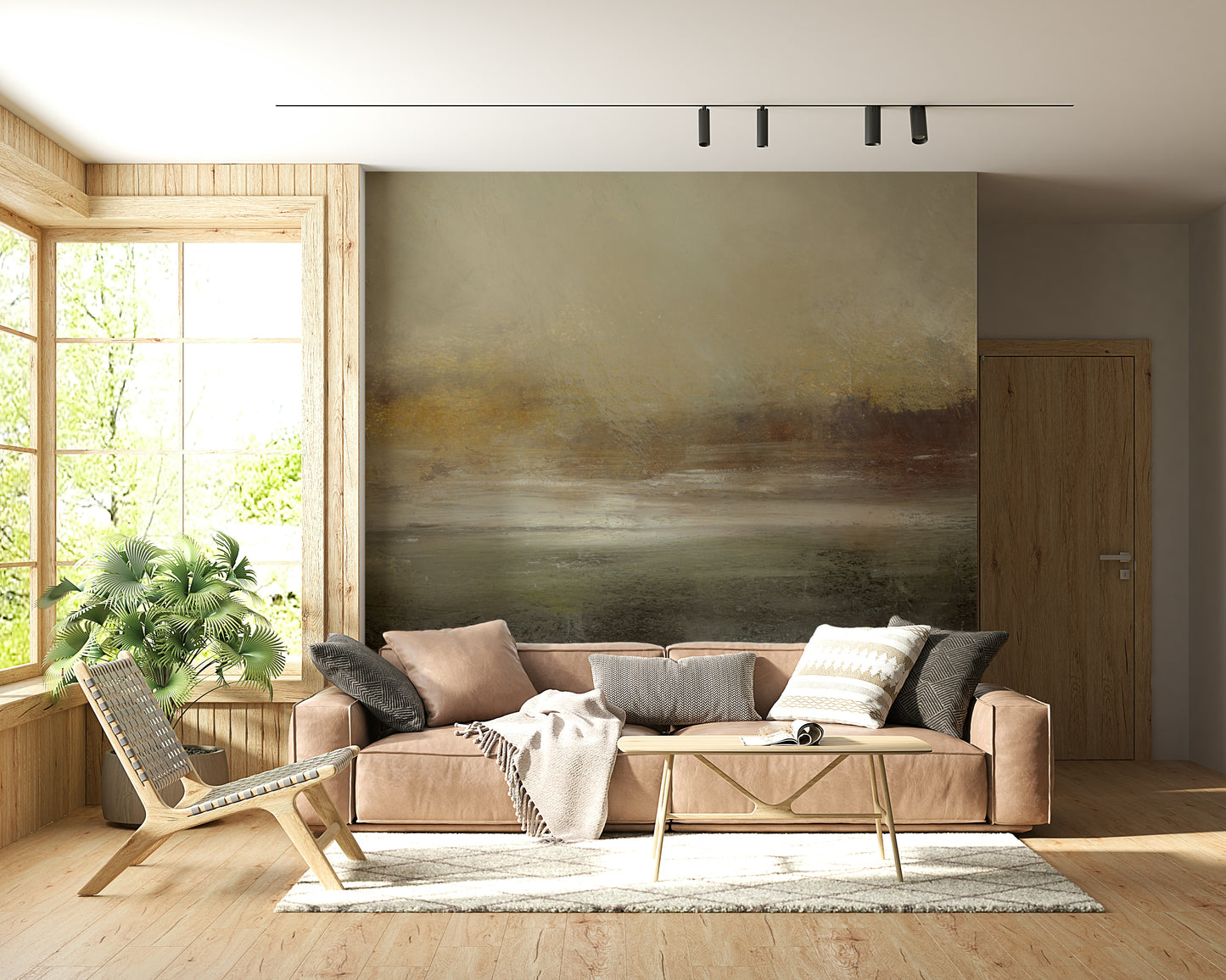 A calming abstract design wallpaper mural that defines a space.