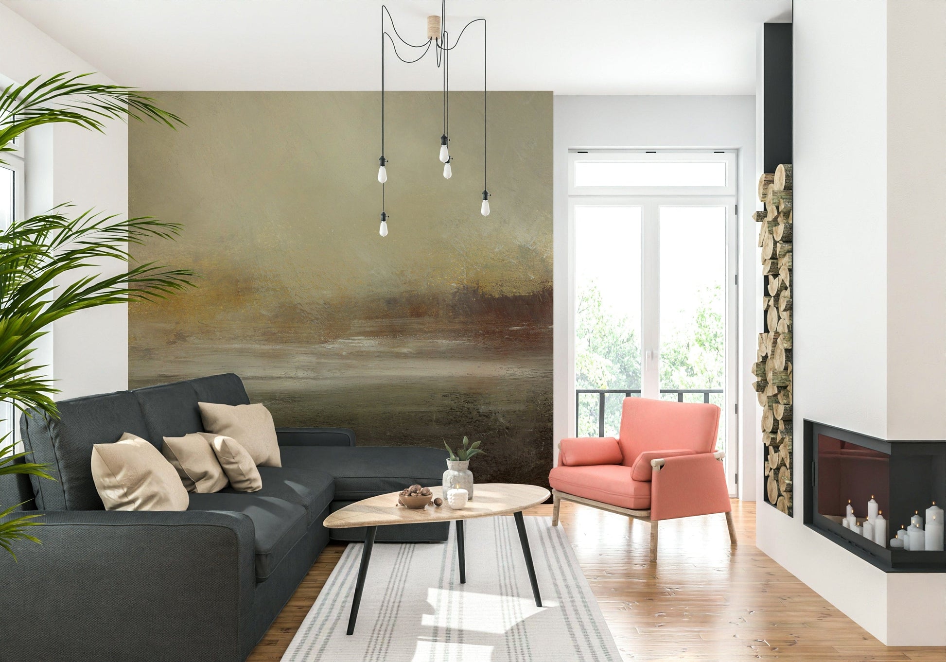 An artistic soft focus mural on minimalist wallpaper.