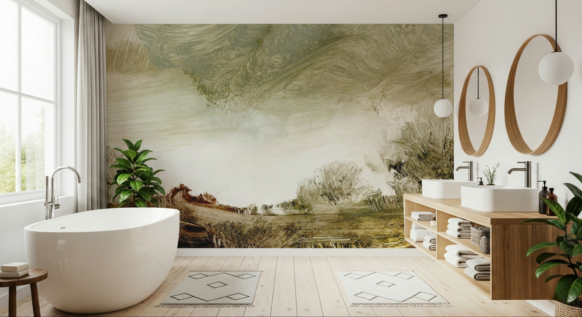 A peaceful modern abstract mural on decorative wallpaper.