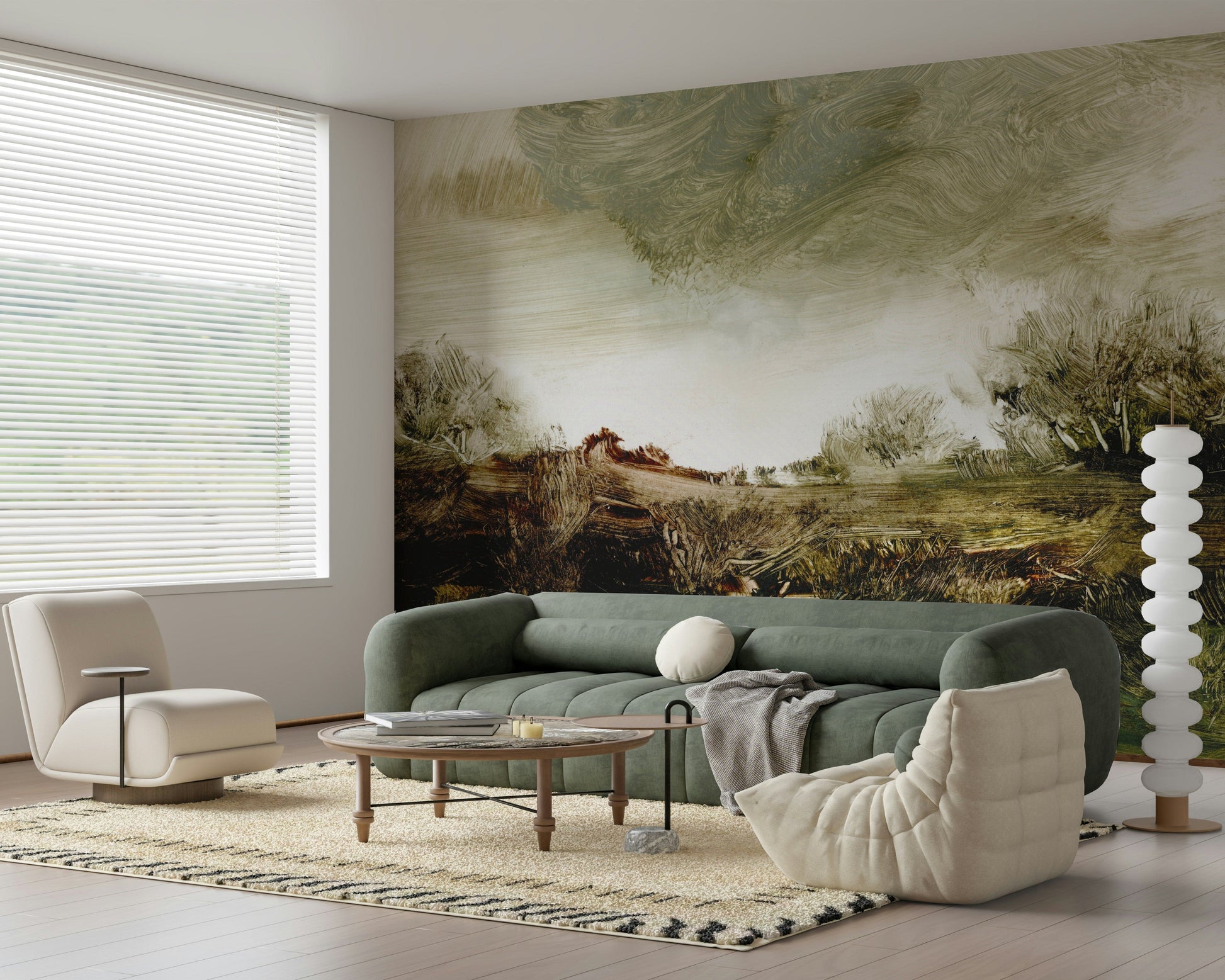 A graceful subtle pattern wall mural in cool, tranquil tones.