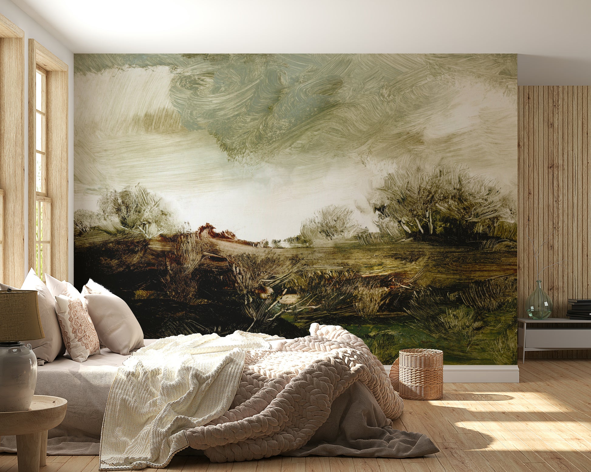 A serene flowing mountain wall mural for your decor.