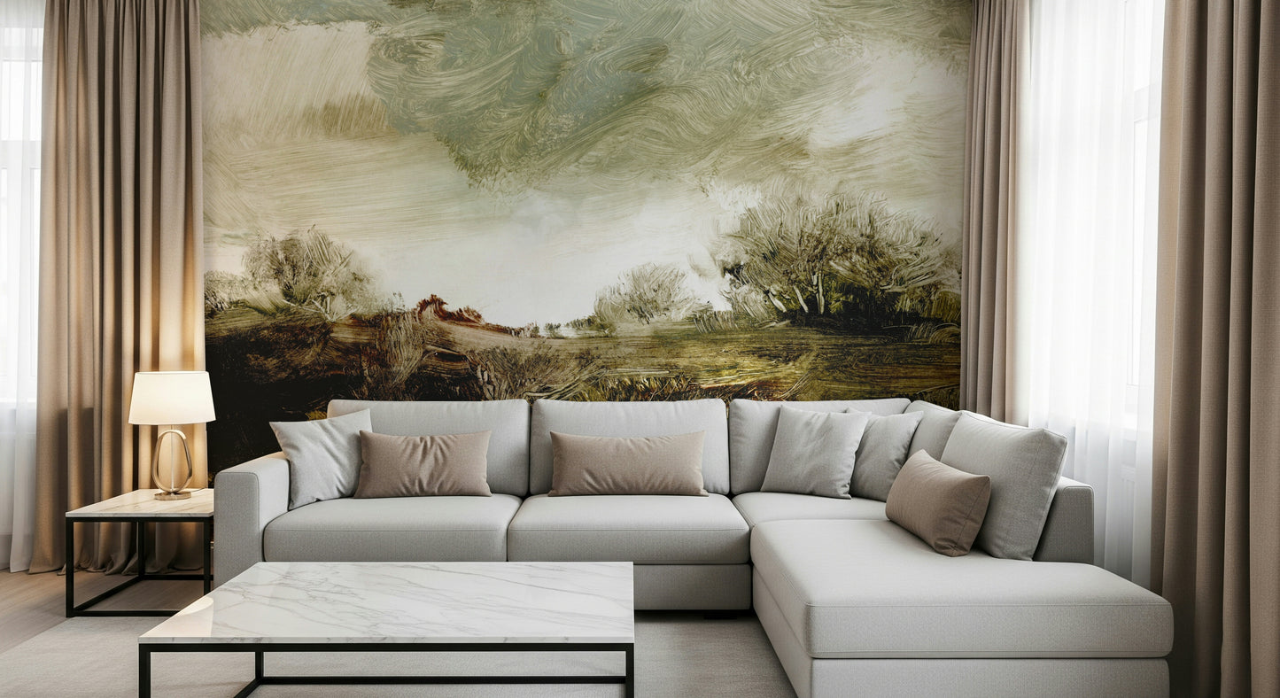 An artistic fluid pattern mural on scenic wallpaper.
