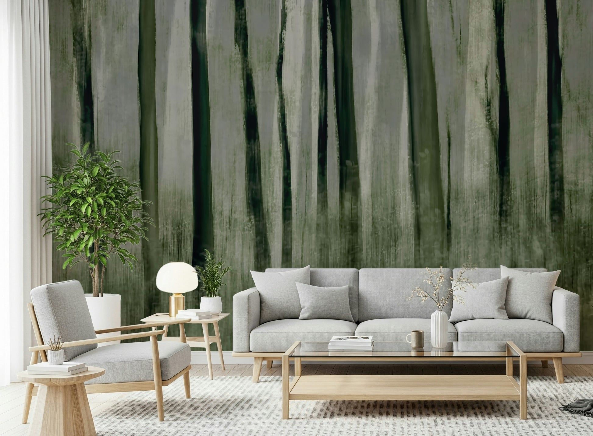 A beautiful wide-angle wall mural of a misty wood.