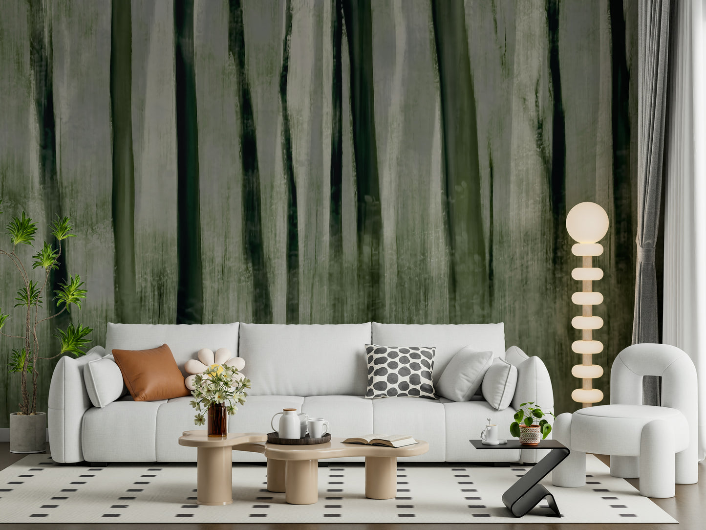 A peaceful woodland vista mural on decorative wallpaper.