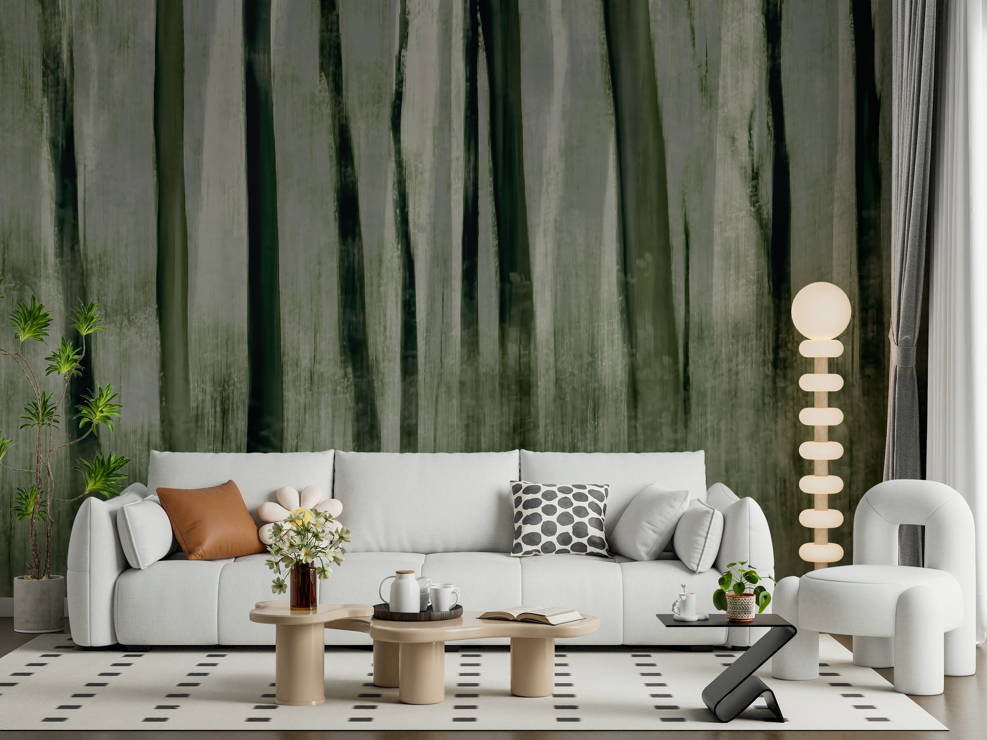 A peaceful woodland vista mural on decorative wallpaper.