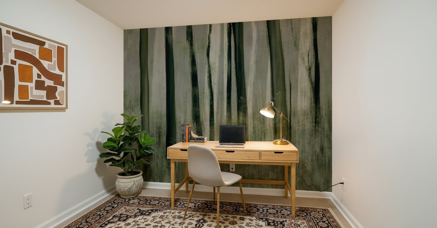 A graceful subtle tree wall mural in cool, natural tones.