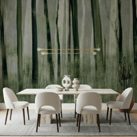 A beautiful serene forest wallpaper mural with subtle, misty light.