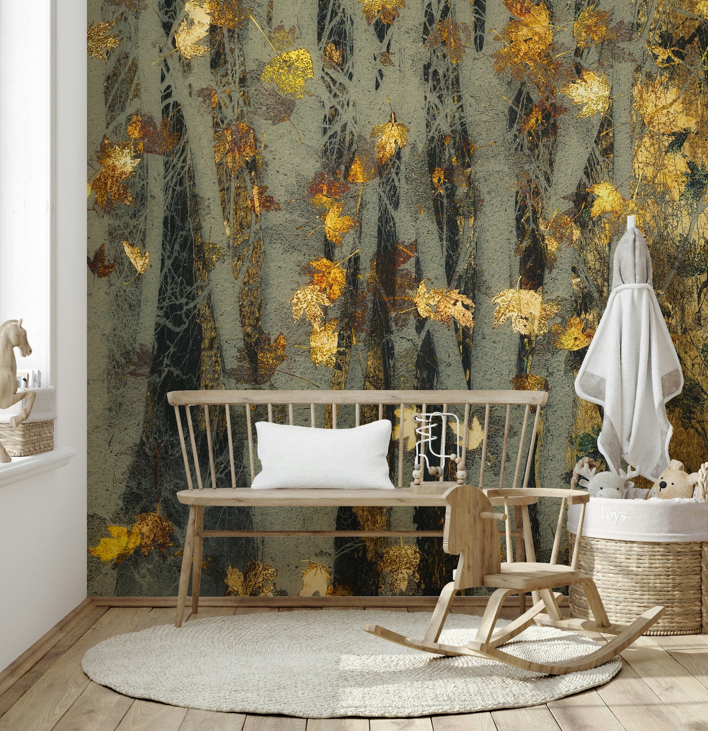 A peaceful woodland vista mural on decorative wallpaper.