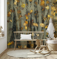 A peaceful woodland vista mural on decorative wallpaper.