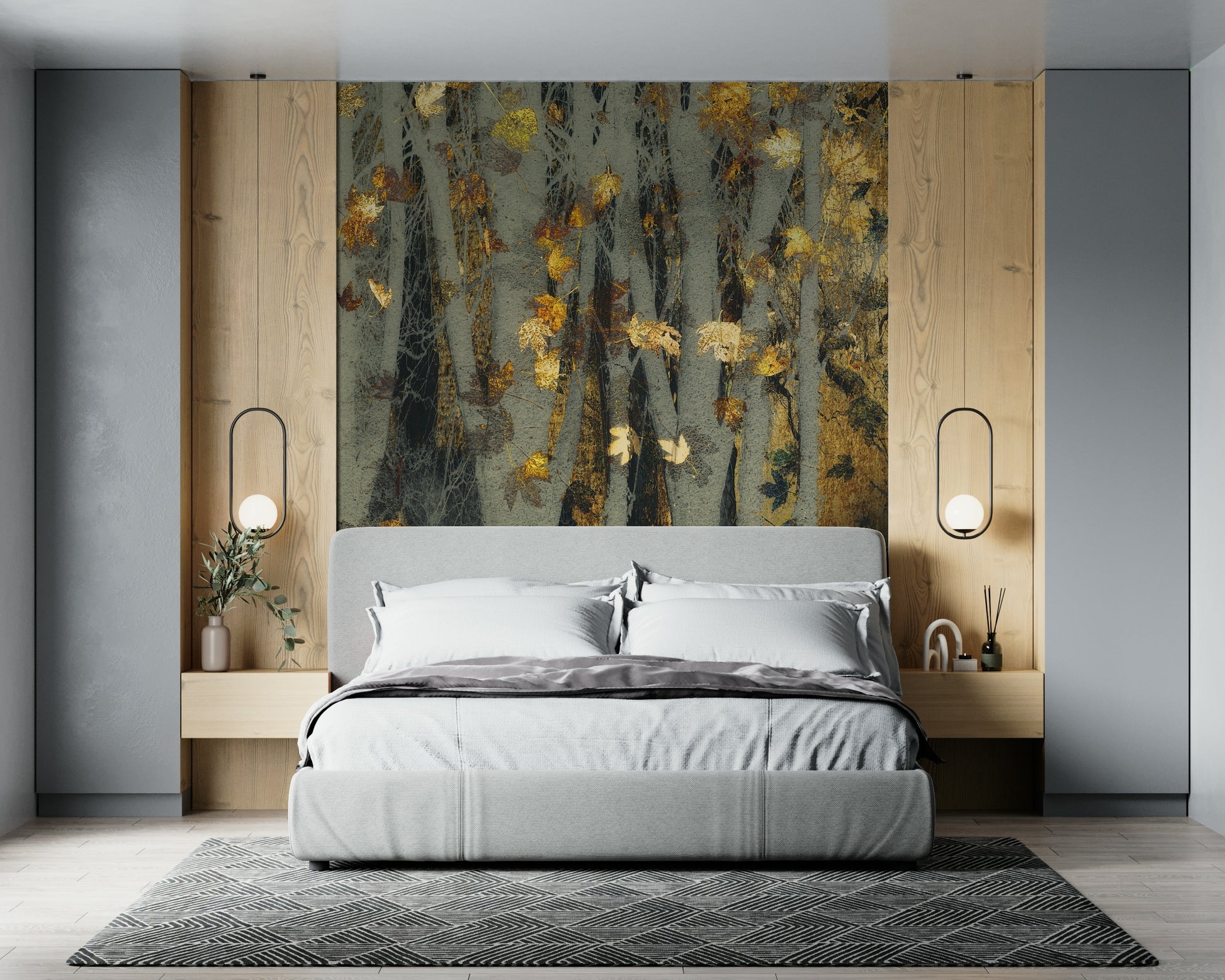 A graceful subtle leaf wall mural in rich, golden tones.