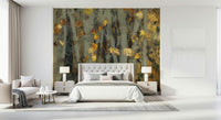 An artistic changing leaves mural on scenic wallpaper.