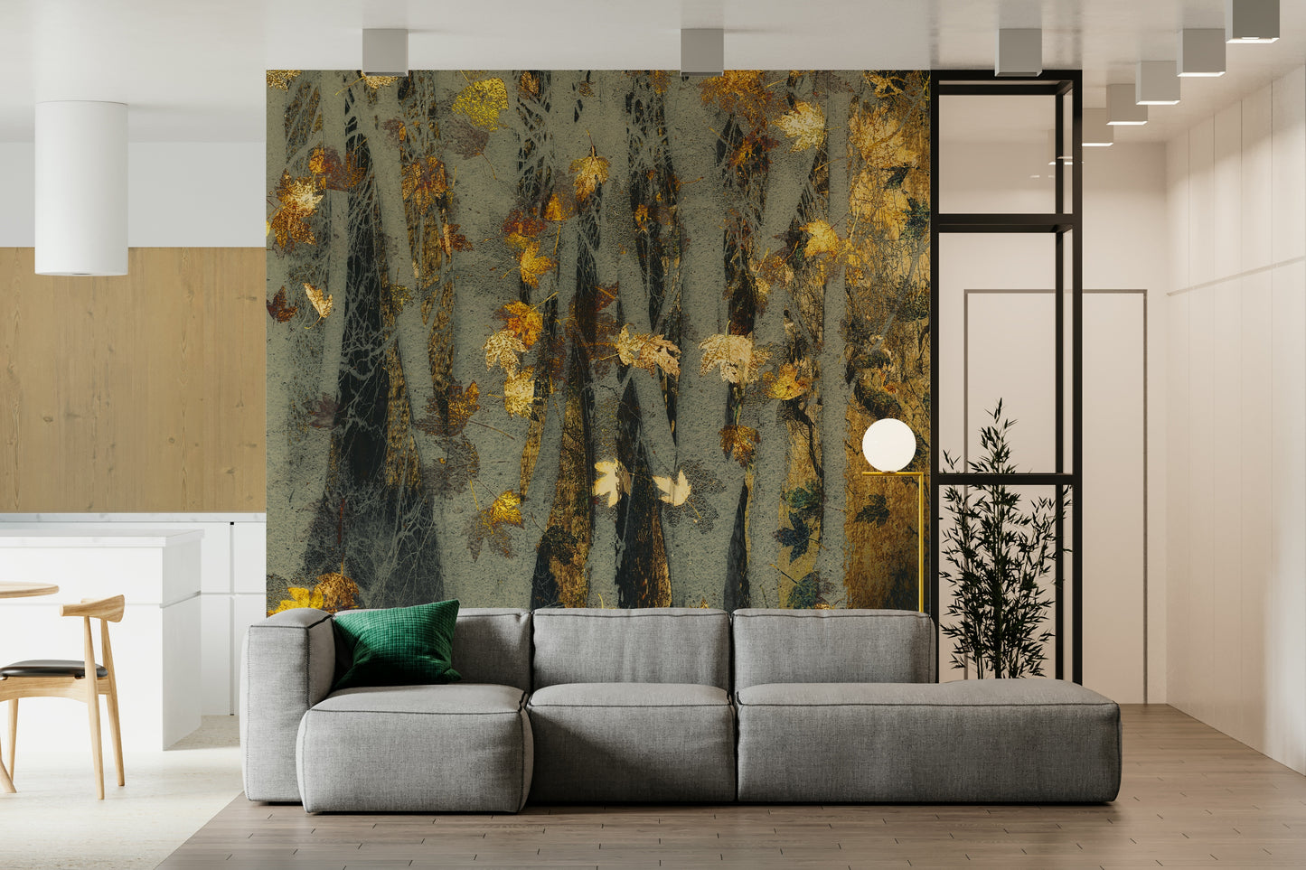 A beautiful gilded autumn forest wallpaper mural with warm, rich colors and gold accents.