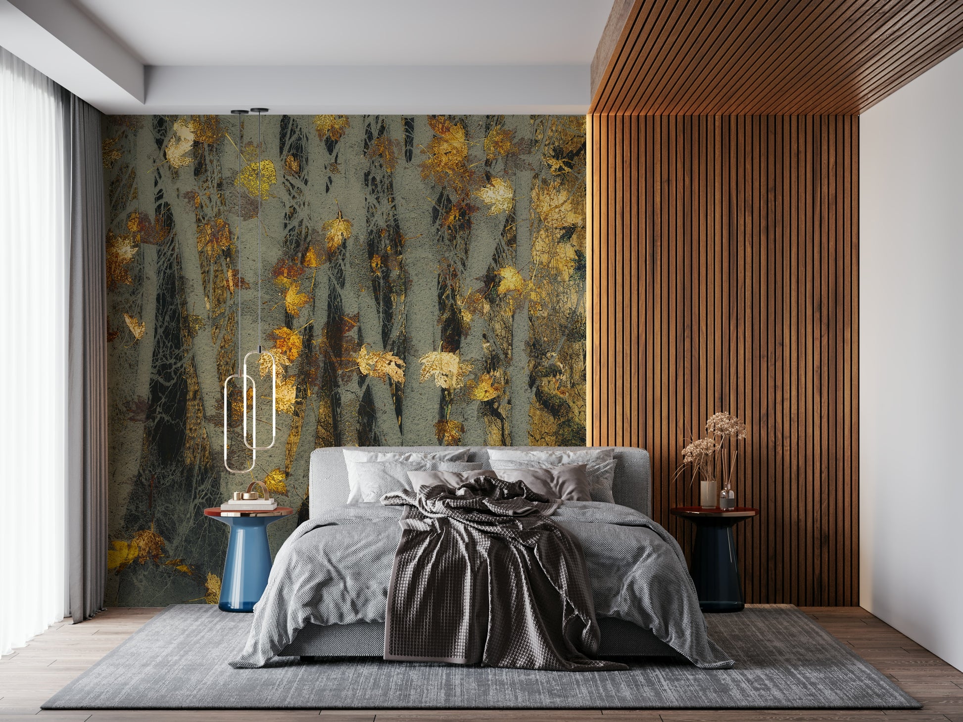 A contemplative misty forest wallpaper mural for a feature wall.