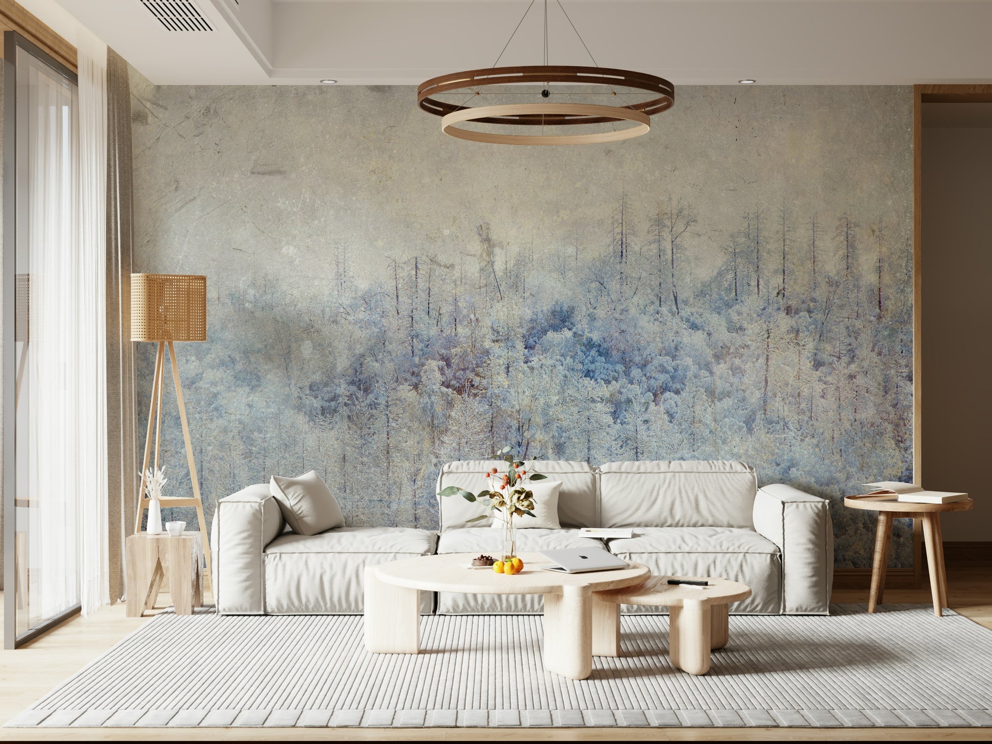 A beautiful ethereal forest wallpaper mural with a frosted, dreamy effect.