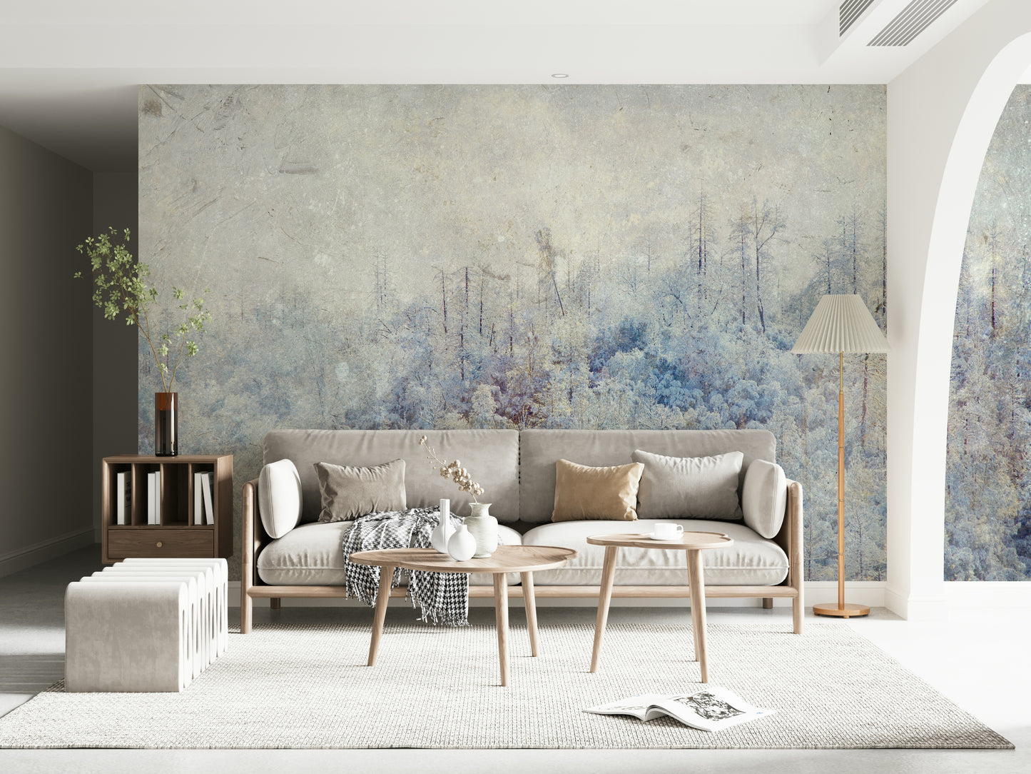 A calming serene forest wallpaper mural that defines a space.