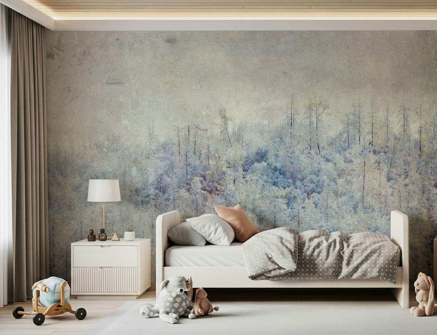 A graceful subtle light wall mural in cool, icy tones.