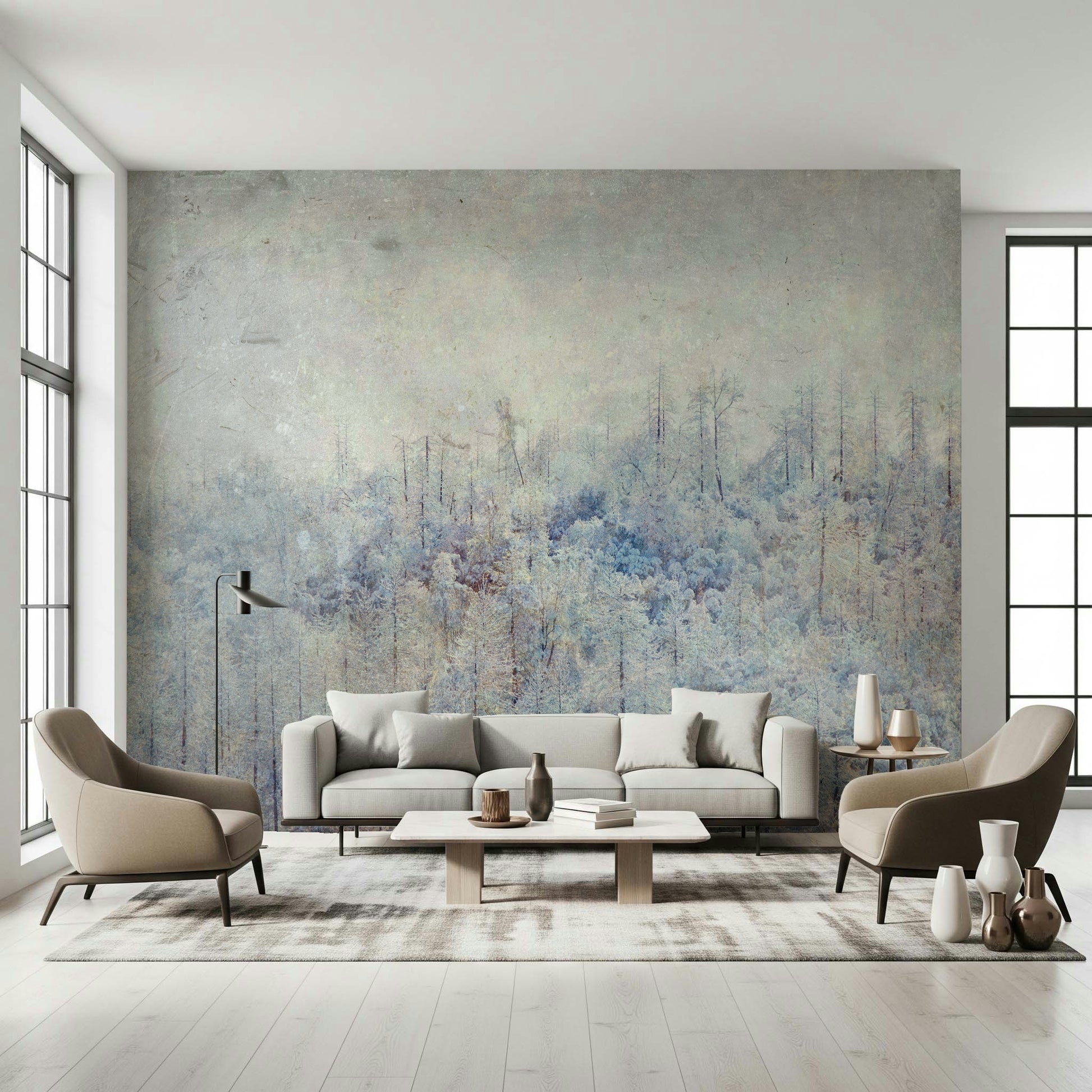 A beautiful wide-angle wall mural of a misty wood.