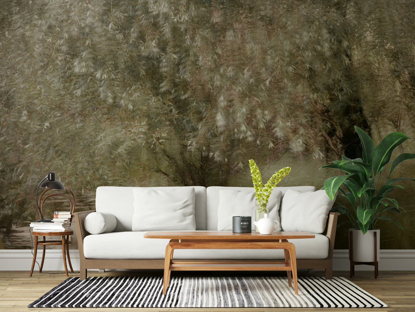 A graceful subtle leaf wall mural in cool, natural tones.