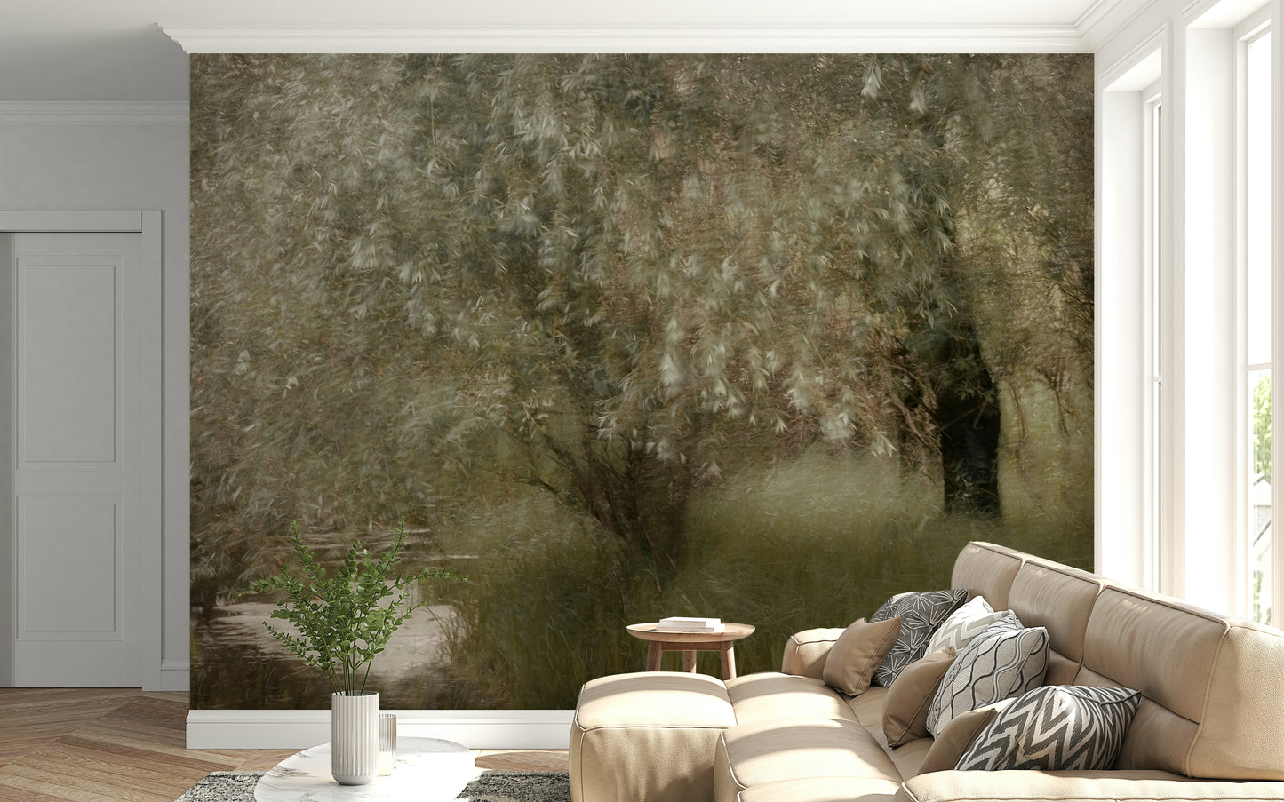 A calming foliage design wallpaper mural that defines a space.