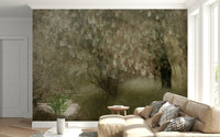 A calming foliage design wallpaper mural that defines a space.
